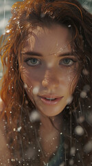 A young woman in the rain, presented in the style of photorealistic detailing, green and amber