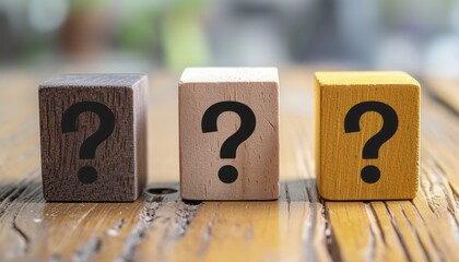 Three wooden blocks with question marks on them, presented in the style of tabletop photography, pixelation, code-based creations, and light brown and gray.