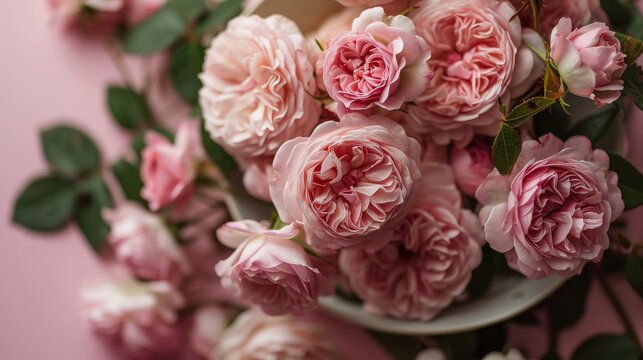 An exquisite collection of vintage pink peony roses with lush green leaves, elegantly arranged against a soft pastel backdrop