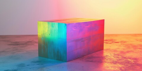 An abstract wooden block is presented in a colorblock style, resembling realistic sculptures with glowing colors.