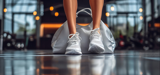 a woman with running shoes is carrying a bag,getting ready for exercise session at gym