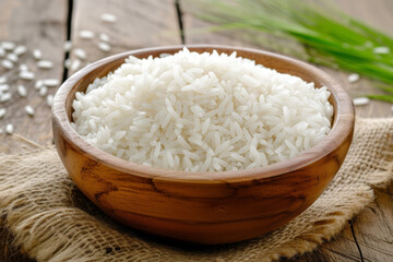 Obraz na płótnie Canvas Cooked white rice in a wooden bowl on burlap with rice grains and leaves in the background.