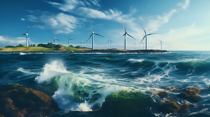 Renewable Energy Wind Farm Over Coastal Waters

Sustainable wind turbines stand tall above the coastal landscape with crashing waves, ideal for themes on renewable energy, sustainability