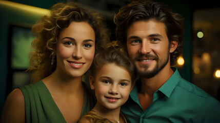  Radiant Family Portrait in Elegant Attire. A charming family of three, adorned in stylish evening wear, share a joyous moment. Ideal for lifestyle advertising and family-themed content.