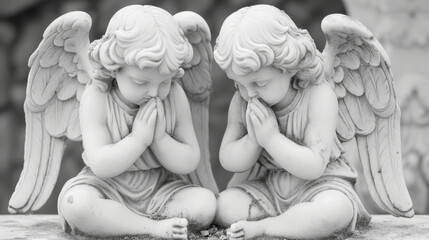 A pair of angels kneeling in prayer their hands clasped together in reverence.
