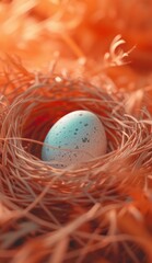 Obraz premium An egg in a nest, presented in the style of light orange and sky-blue, fine feather details, Vray, and playful juxtapositions.