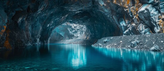 Blue water fills the flooded underground tunnel of an old gold ore mine.