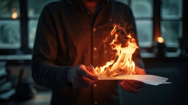 A man is holding a burning paper, suitable for print or web, realistic still lifes with dramatic lighting, elegantly formal