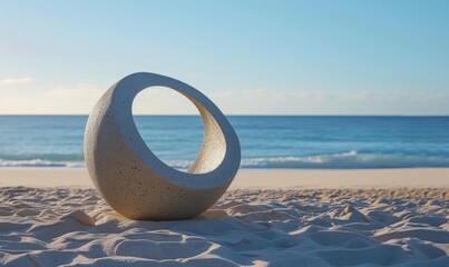 A single cinder stone is sitting on the sand with a beautiful blue view of the ocean, depicted in...