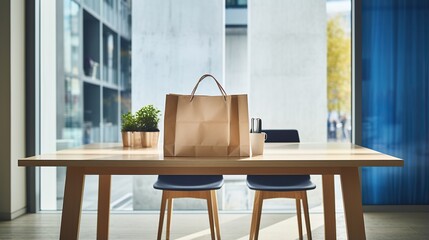 Well-balanced scene with a shopping bag on a table surrounded by fashion accessories in a trendy setting