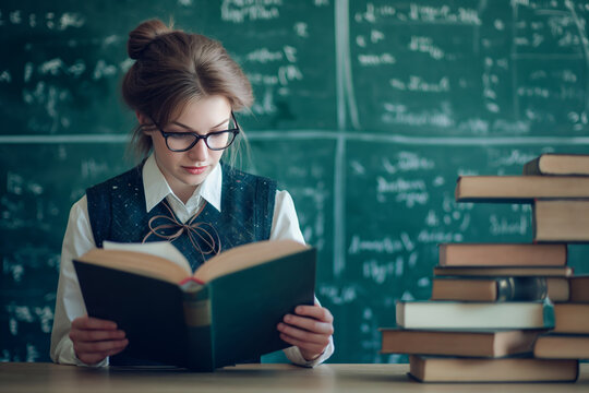 A focused young woman with glasses reads a book in a classroom with a chalkboard filled with writing behind her.