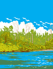 WPA poster art of Toronto Islands Park in Lake Ontario, south of mainland Toronto, Ontario, Canada done in works project administration or federal art project style.