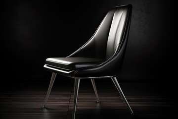 high back slim black leather chair on dark background - obrazy, fototapety, plakaty