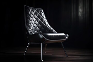 high back slim black leather chair on dark background - obrazy, fototapety, plakaty