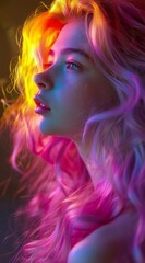 A young woman with colorful hair is presented in the style of optical color mixing, with light amber and magenta hues creating illuminated visions reminiscent of a storybook.