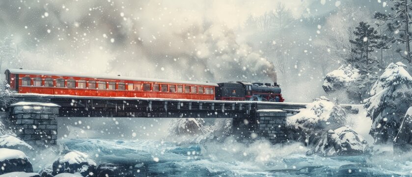 The train is traveling at high speed. Winter. Generative AI. Railway. River