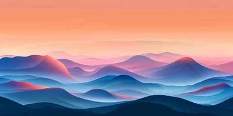  Landscapes with mountains in orange, blue, and pink, presented in the style of digital gradient blends and smooth and curved lines. © Duka Mer