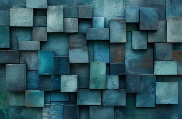 Blue and black blocks in different colors are arranged against the wall, presented in the style of dark teal and light gray, Dutch seascapes, wood sculptor, and light gray and green.