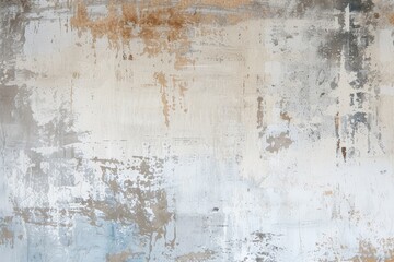 Abstract wall with a textured mix of white, rust, and blue paint peeling and cracking over time.