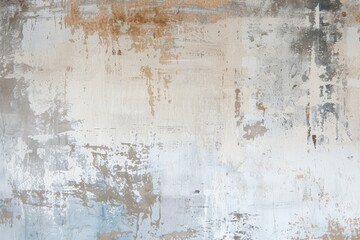 Fototapeta premium Abstract wall with a textured mix of white, rust, and blue paint peeling and cracking over time.