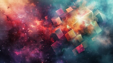 Digital cubes on a dark background with a star, presented in the style of colorful mindscapes, gravity-defying architecture, vibrant color gradients, and mixes of realistic and fantastical elements.
