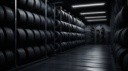 Car tires storage room at car tires service shop.