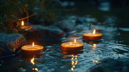 Several candles lit in the pond, presented in the style of nature-inspired imagery, magewave, filled with light