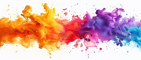 Colorful paint splash mixed into white background suitable for artistic backgrounds, Color liquid ink splash abstract background rainbow art. Rainbow splash collage mix flow drip. Fluid wave color  - obrazy, fototapety, plakaty