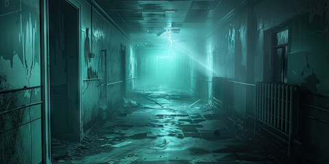 a creepy hallway in an abandoned hospital, horror buildings, halloween