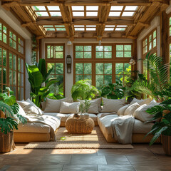 Exotic Sunroom with Tropical Plants and Relaxing Lounge