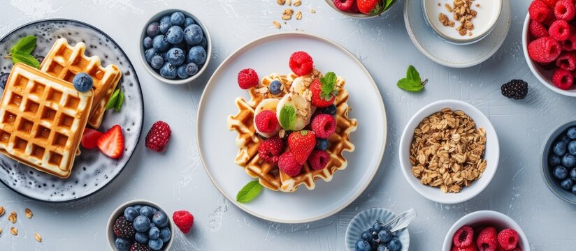 Breakfast spread with waffles, granola, and berries.