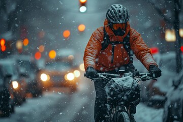 Naklejka premium A lone rider braves the winter chill, navigating the snowy streets on their trusty bicycle with determination and a helmet for protection