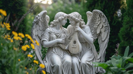 A pair of angels sitting on a bench in a tranquil garden one strumming a lyre while the other reads poetry their combined efforts creating a beautiful harmony.