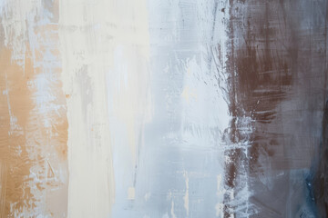 A modern abstract painting featuring broad brushstrokes in white, beige, and blue.