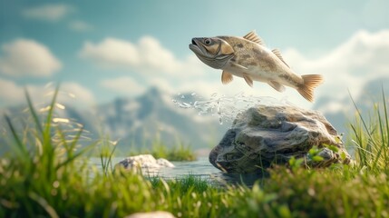 Surreal scene unfolds as a fish floats in the air above a rock amidst grass, Ai Generated.