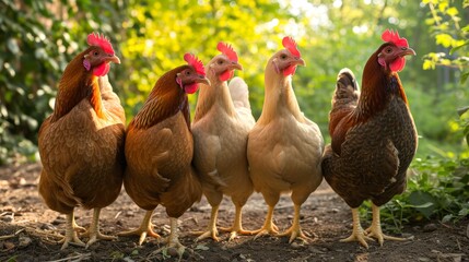 Fototapeta premium Chickens stand amidst the serene forest, blending into the natural surroundings harmoniously, Ai Generated.