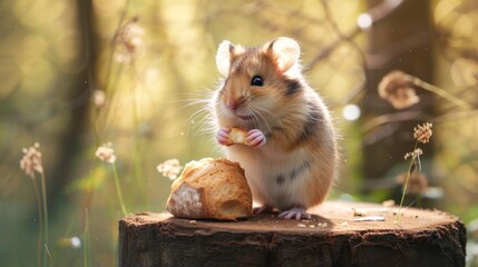 Hamster stands on a stump, bread nearby, curious eyes surveying its surroundings, Ai Generated.
