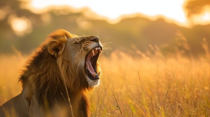 Powerful lion roars majestically in the vast savanna, asserting dominance over its territory, Ai Generated.