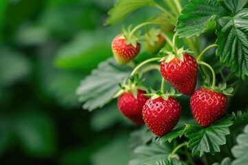 Strawberries on a branch with green leaves in sunlight