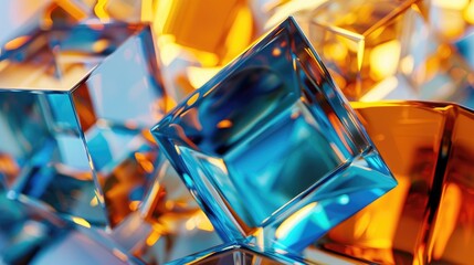 Witness the dynamic interplay of shiny blue and orange glass cubes up close, as they form a captivating and visually striking composition, Ai Generated.