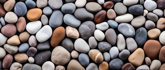 Gain a unique perspective with this top view abstract background showcasing a texture of polished pebbles and stones, Ai Generated.