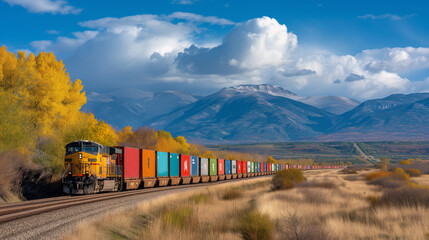 Freight Train Traversing Through a Colorful Landscape.