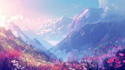 Anime-style illustration of a mountain valley full of wildflowers - obrazy, fototapety, plakaty