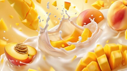Peaches and mango splashing into milk, yogurt, and sour cream, a fruity spectacle, Ai Generated.