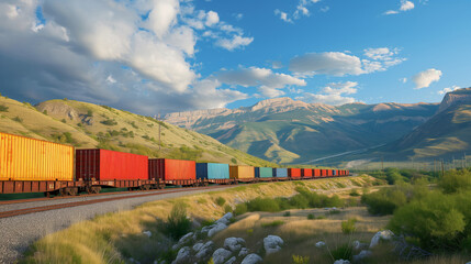 Freight Train Traversing Through a Colorful Landscape.