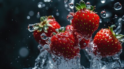 strawberries dropped on water, contrasting against a dark background, Ai Generated.