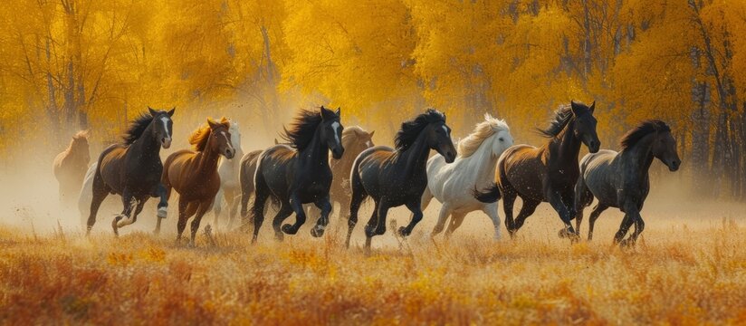 Autumn field filled with energetic horses of Don breed.