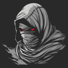 a ninja with a head hood and red eyes