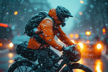 Fototapeta premium A determined rider braves the wintry landscape, their trusty bicycle wheel carving through the snowy terrain as they journey on their outdoor transport