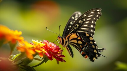 A graceful butterfly gently alights on a vibrant flower in a garden, Ai Generated.